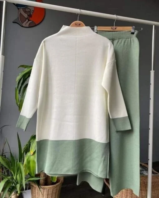 Ensemble de 2 pièces pour femmes, pull Long blanc, pantalon vert clair