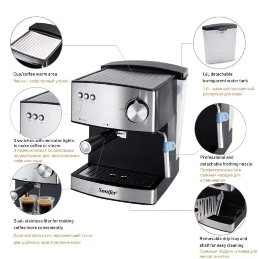 Sonifer – Machine à café expresso électrique 1.6L avec système de cappuccino avancé réglable