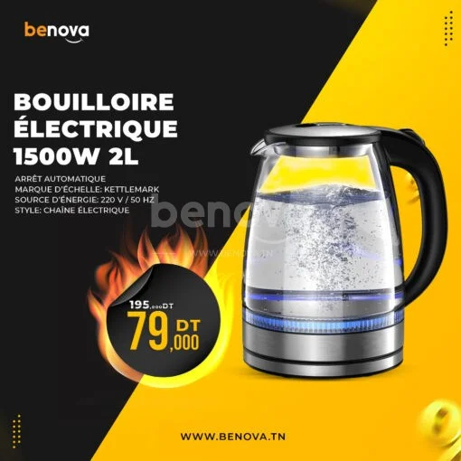 Bouilloire électrique 1500W 2L arrêt automatique Protection contre l'ébouillante avec filtre INOX