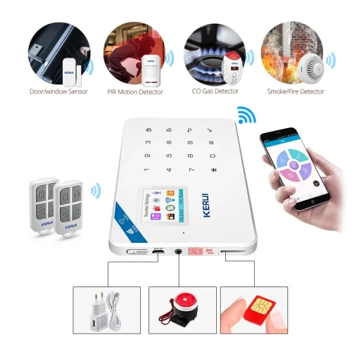 KERUI système d’alarme de sécurité Tuya Smart WIFI GSM, détecteur de mouvement et de fumée