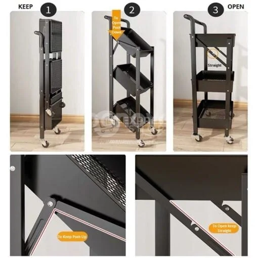 Chariot de rangement pliable en Acier inoxydable multicouche à trois niveaux amovible