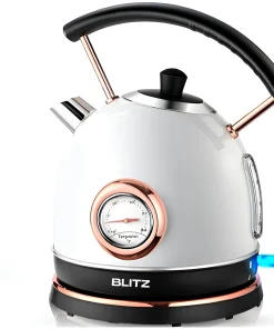 Blitz® -  3en1 Bouilloire Électrique Blanc Rétro 1,8L 1500W en INOX avec Thermostat Intelligent et Lumière LED chic