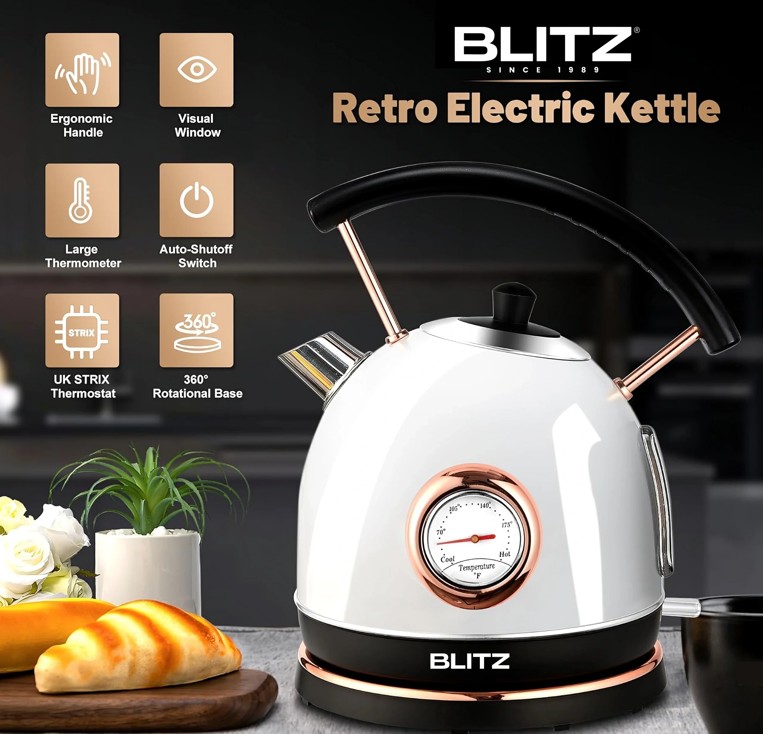 Blitz® -  3en1 Bouilloire Électrique Blanc Rétro 1,8L 1500W en INOX avec Thermostat Intelligent et Lumière LED chic