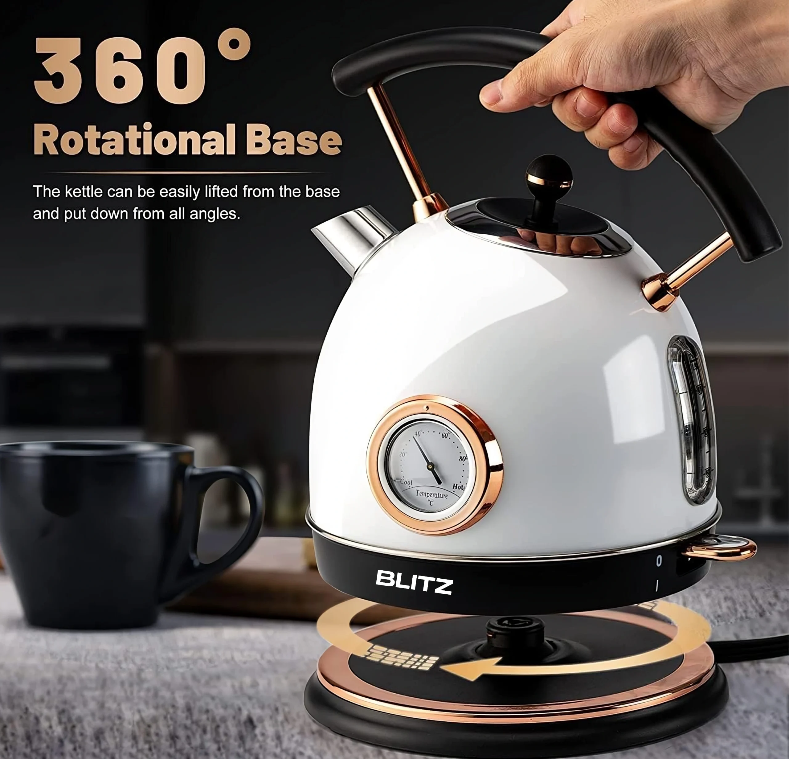 Blitz® -  3en1 Bouilloire Électrique Blanc Rétro 1,8L 1500W en INOX avec Thermostat Intelligent et Lumière LED chic