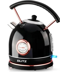 Blitz® -  3en1 Bouilloire Électrique Noir Rétro 1,8L 1500W en INOX avec Thermostat Intelligent et Lumière LED chic