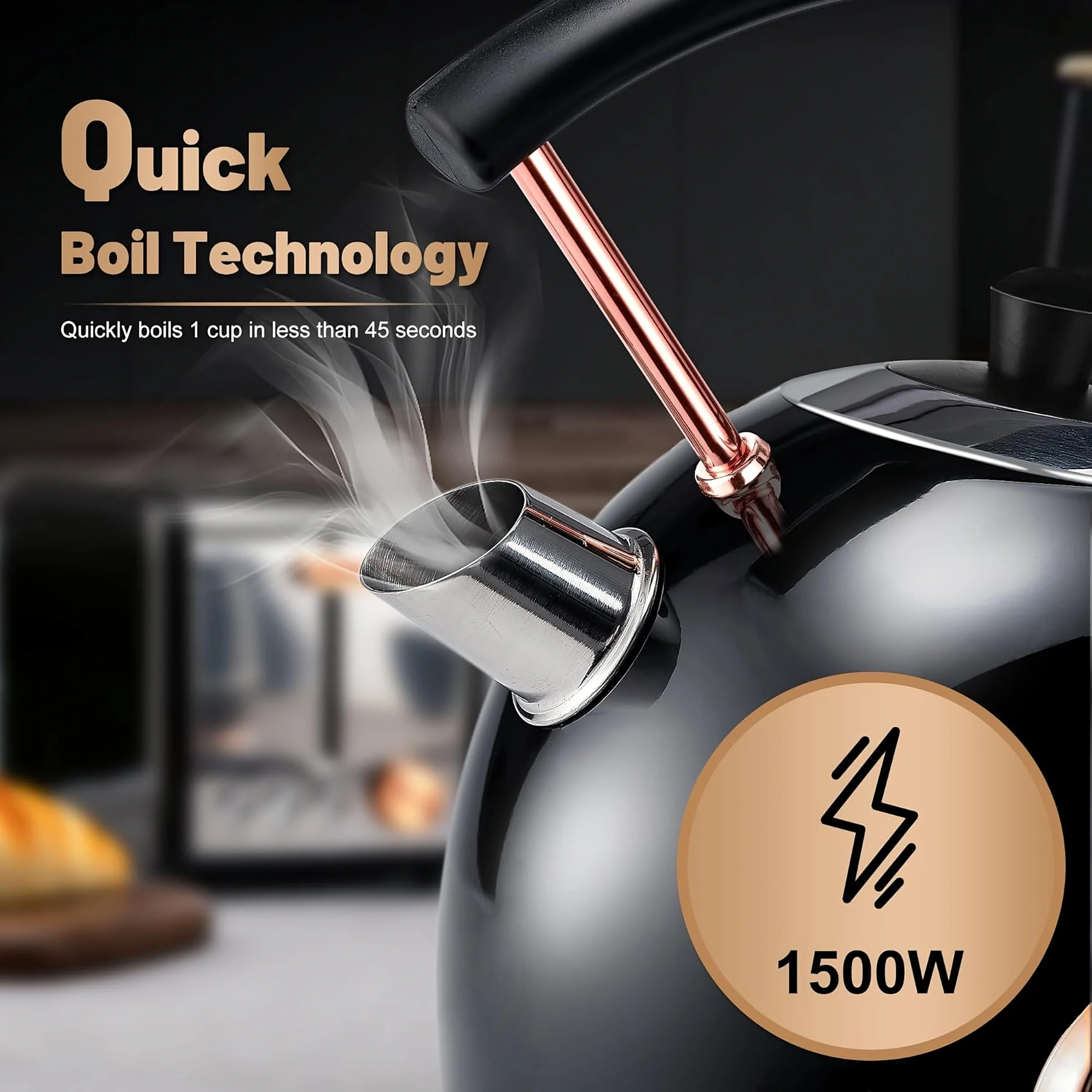 Blitz® -  3en1 Bouilloire Électrique Noir Rétro 1,8L 1500W en INOX avec Thermostat Intelligent et Lumière LED chic