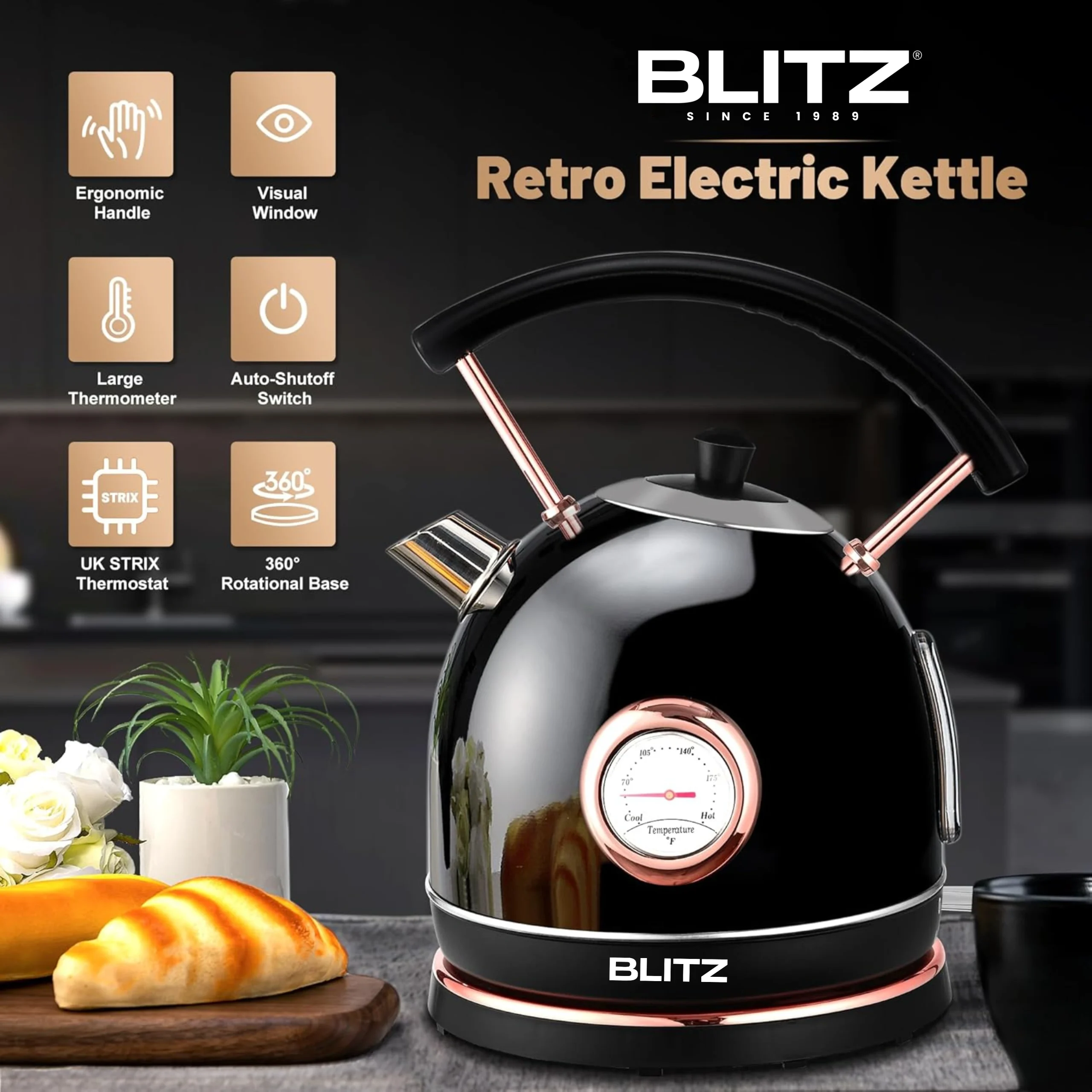 Blitz® -  3en1 Bouilloire Électrique Noir Rétro 1,8L 1500W en INOX avec Thermostat Intelligent et Lumière LED chic