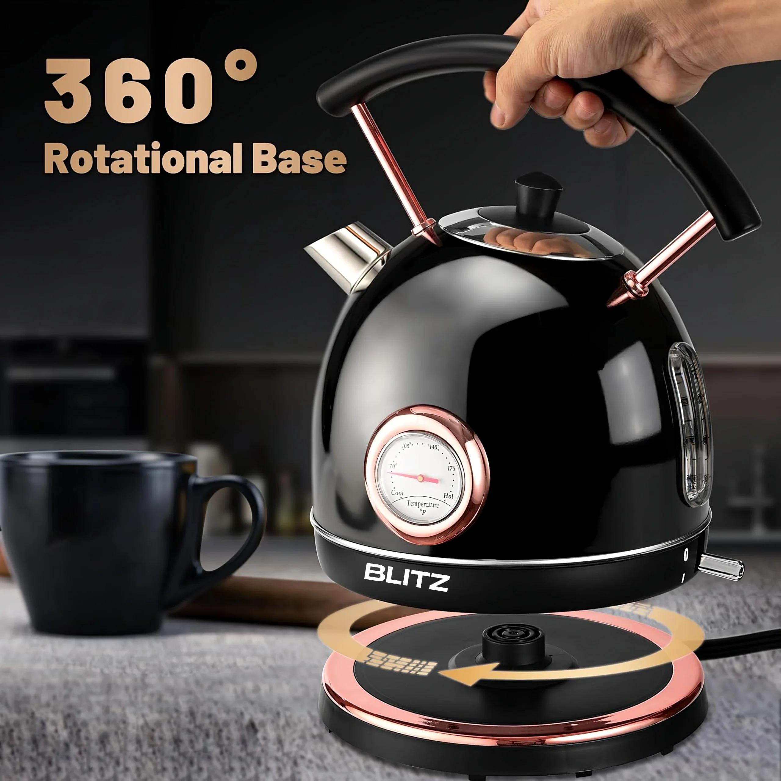 Blitz® -  3en1 Bouilloire Électrique Noir Rétro 1,8L 1500W en INOX avec Thermostat Intelligent et Lumière LED chic