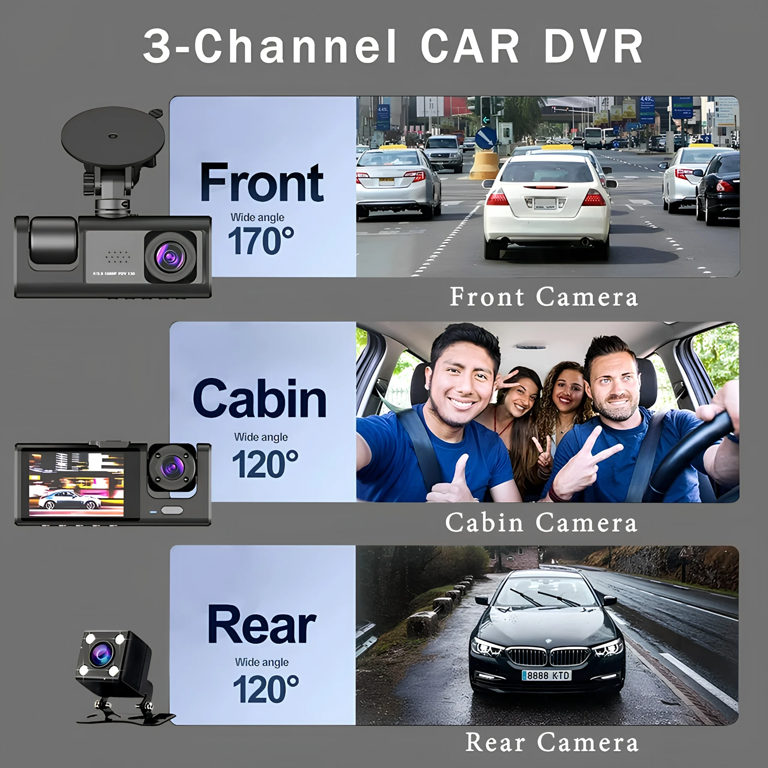 3en1 Caméra de Voiture WiFi à 3 Canaux HD 1296P Avant/Arrière/Intérieur Avec Vision Nocturne IR