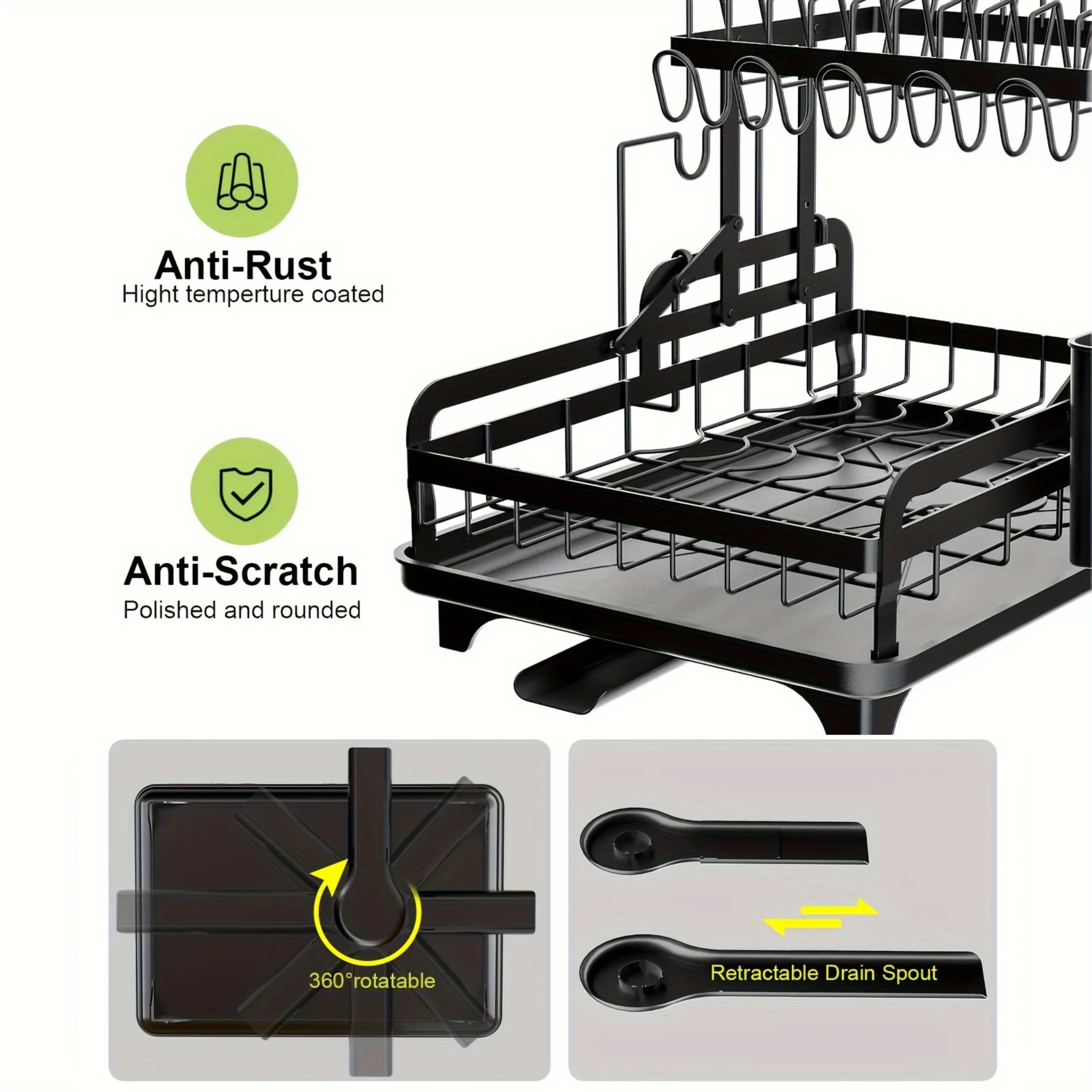 5 en 1 Égouttoir à Vaisselle 2 Niveaux Pliable en Acier Inoxydable avec Plateau D'égouttement