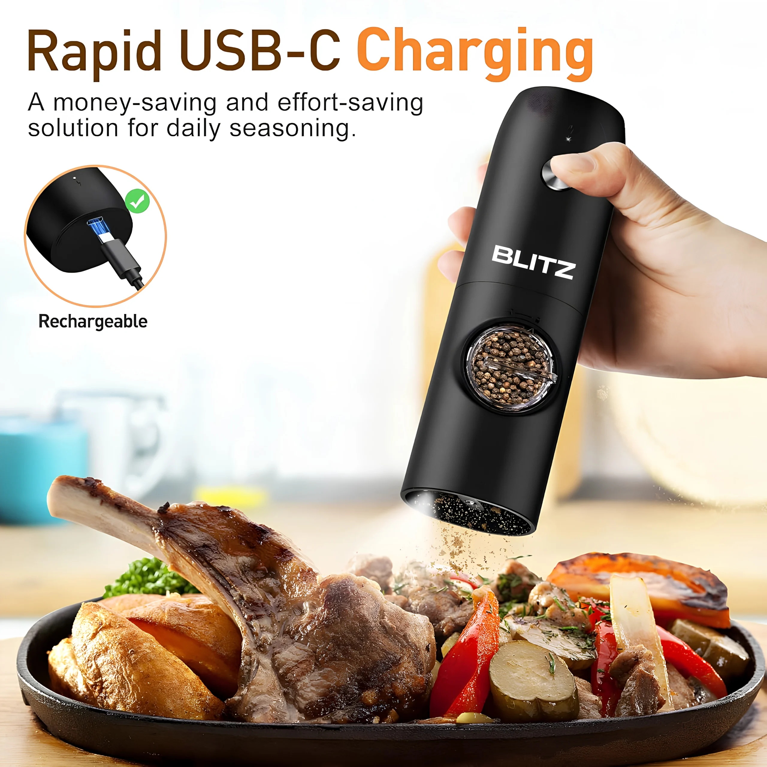 Blitz® - Moulin à Épices Électrique Multifonction Rechargeable avec Lumière LED