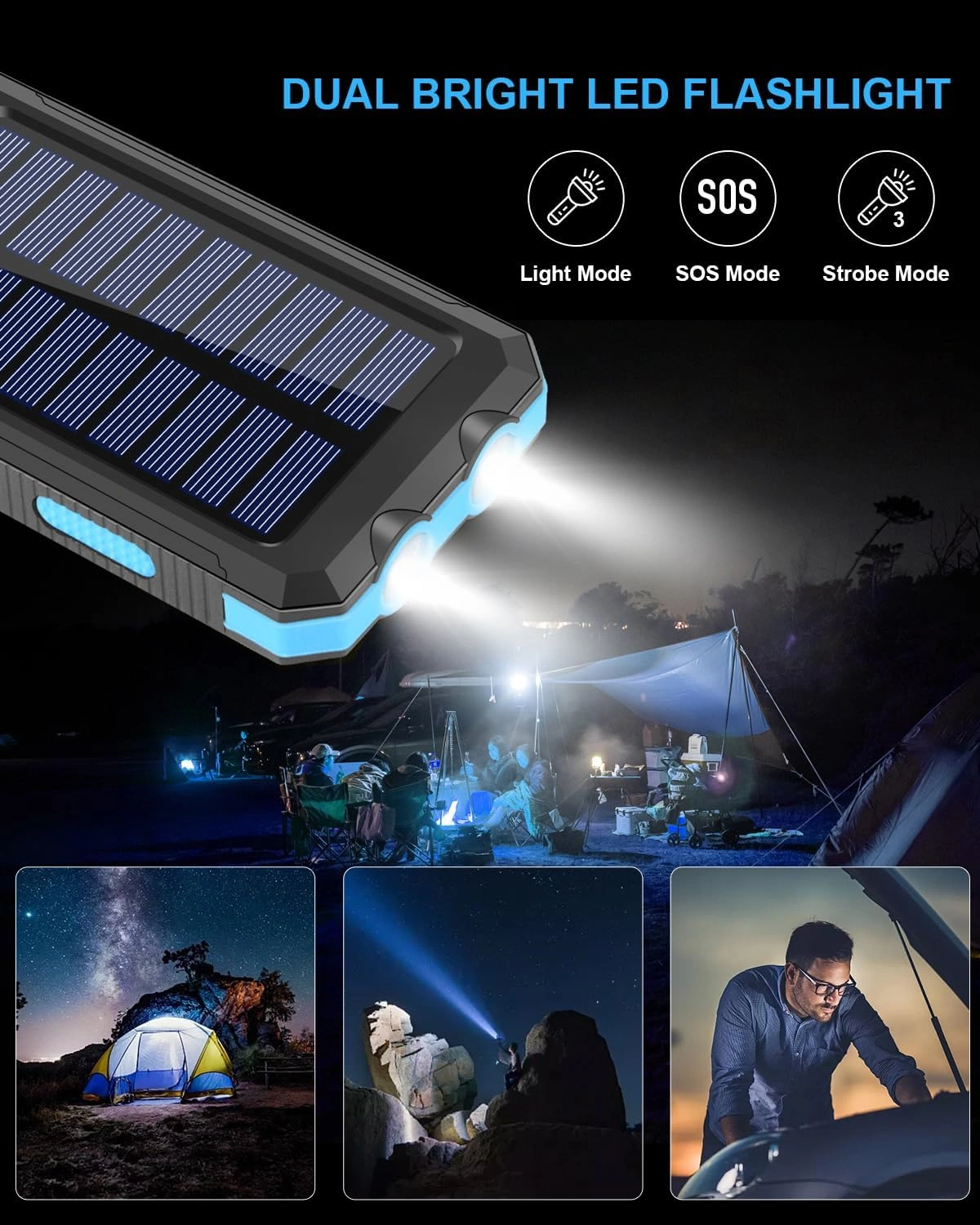 Power Bank Solaire 20000mAh Étanche Avec LED Ultra-Puissante Et 2 Ports USB  Idéal Camping & Urgence