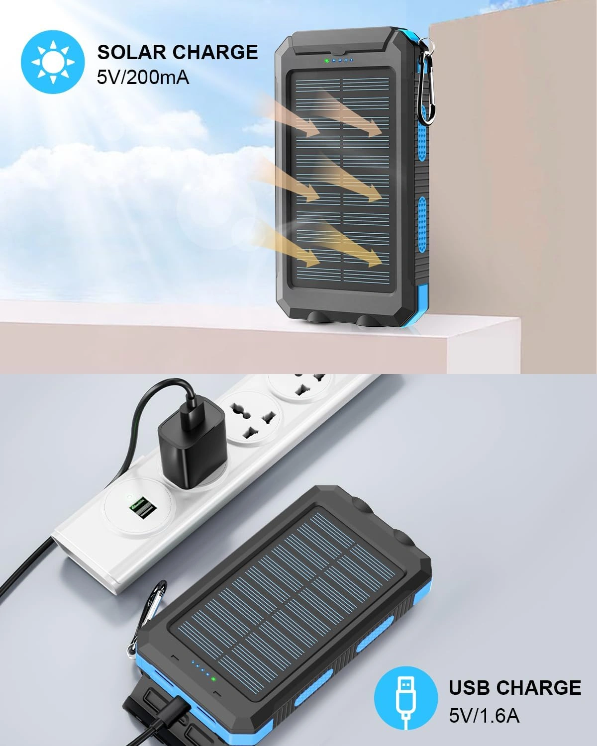 Power Bank Solaire 20000mAh Étanche Avec LED Ultra-Puissante Et 2 Ports USB  Idéal Camping & Urgence