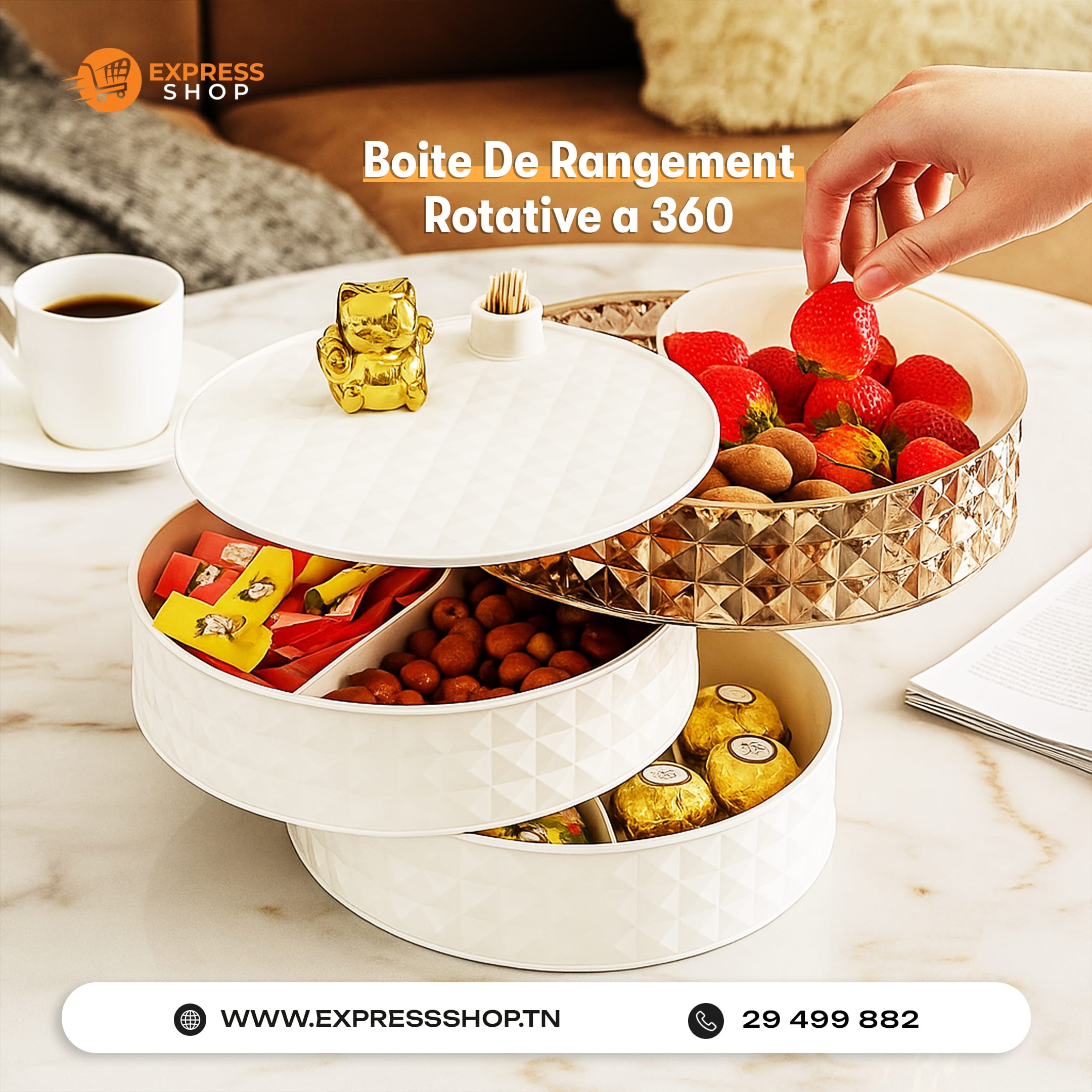 Boîte De Rangement Rotative à 360 ° Multi-Couches avec Couvercle Élégant pour Table Salon