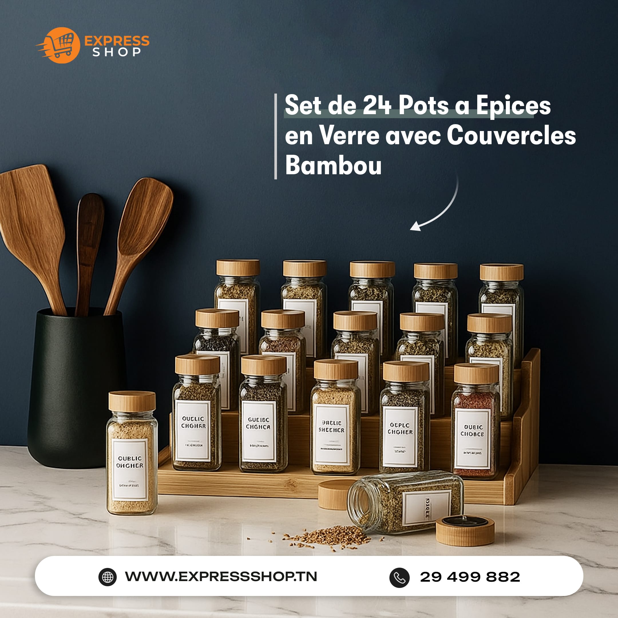 Set de 24 Pots à Épices en Verre avec Couvercles Bambou Pour Rangement Élégant Et Hermétique
