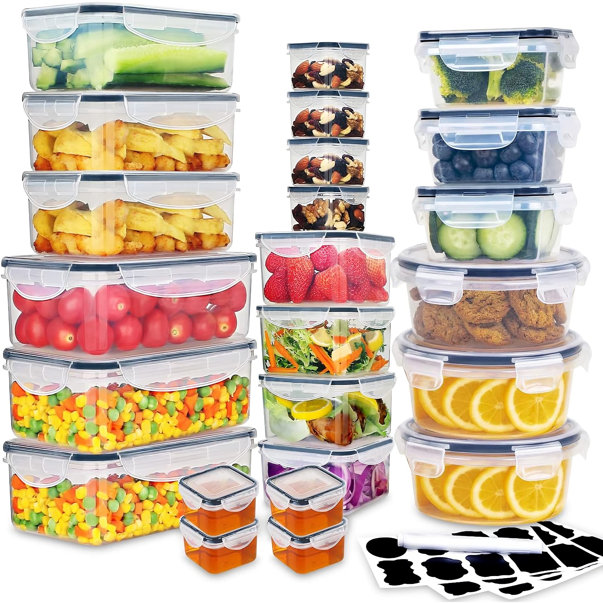 Blitz - Lots de 48 pcs Boîtes de Rangement Réfrigérateur Alimentaire Transparent Cuisine & Placards (24 Boîtes + 24 Couvercles)