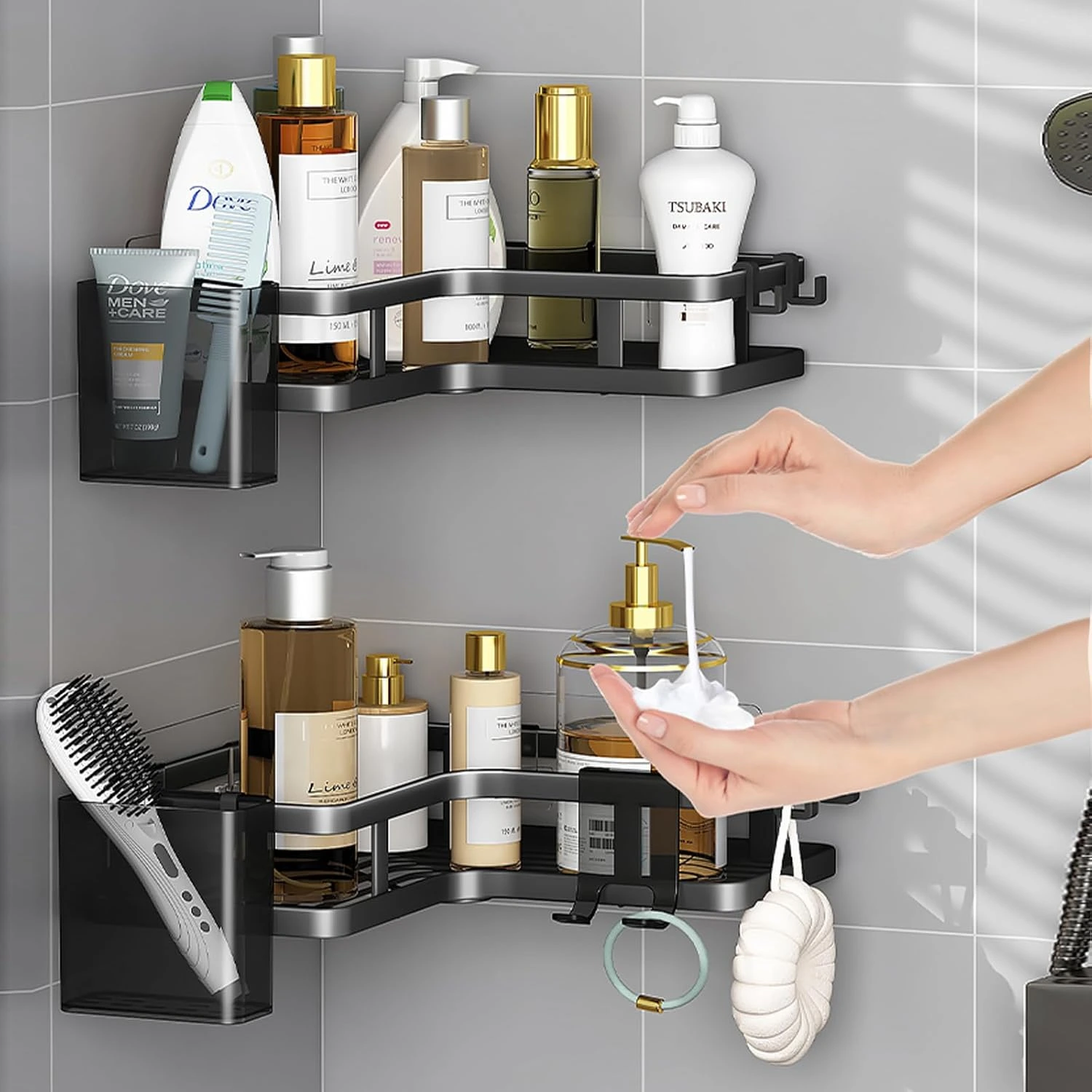 BNBR-9- 9en1 Set de 2 Étagères douche d'angle sans perçage INOX rangement salle de bain