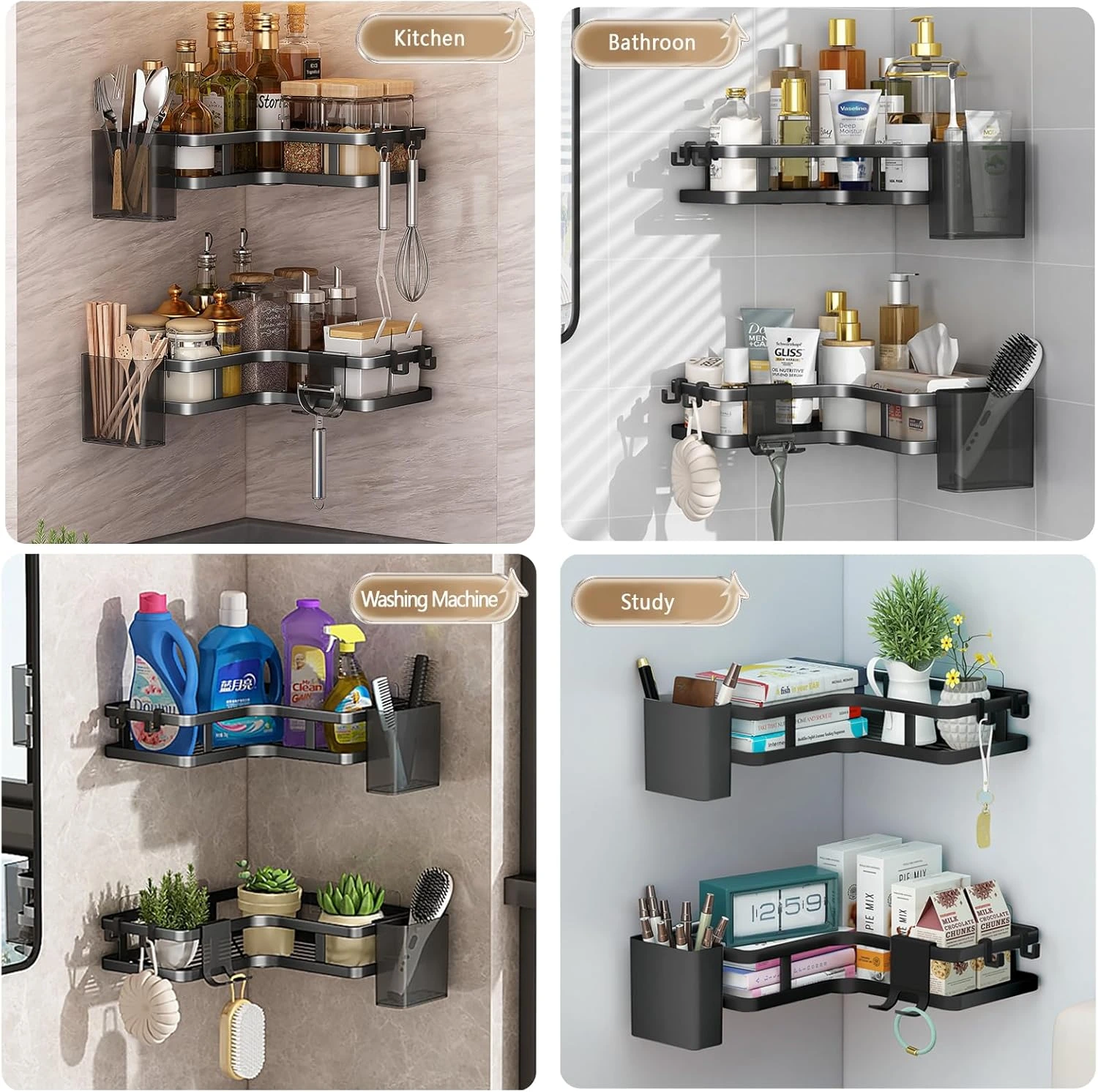 BNBR-9- 9en1 Set de 2 Étagères douche d'angle sans perçage INOX rangement salle de bain