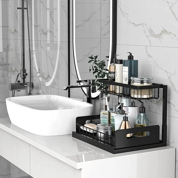 BNBR-2 - 4en1 Organisateur sous évier coulissant 2 niveaux robuste INOX cuisine salle de bain (2 pcs)