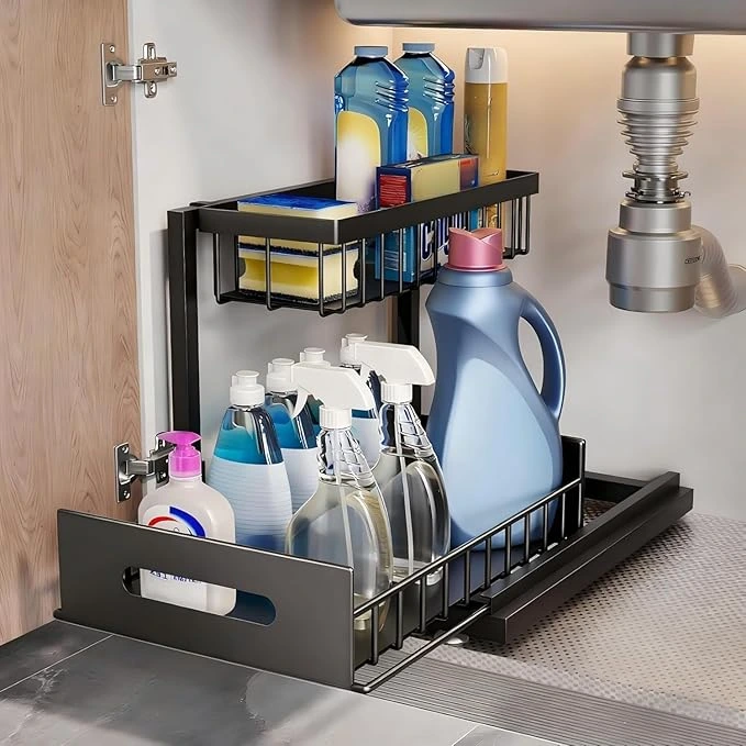 BNBR-2 - 4en1 Organisateur sous évier coulissant 2 niveaux robuste INOX cuisine salle de bain (2 pcs)