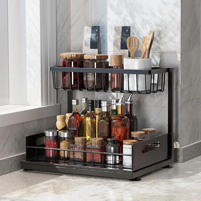 BNBR-2 - 4en1 Organisateur sous évier coulissant 2 niveaux robuste INOX cuisine salle de bain (2 pcs)