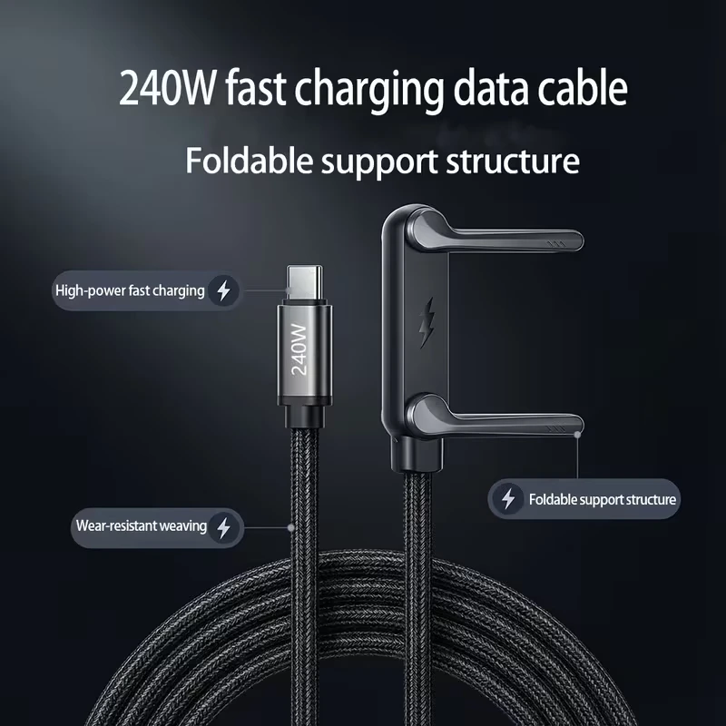 2en1 Câble de Charge Rapide 240W (1,5m) avec Support Pliable Intégré – Cordon Robuste pour Smartphones et Tablettes