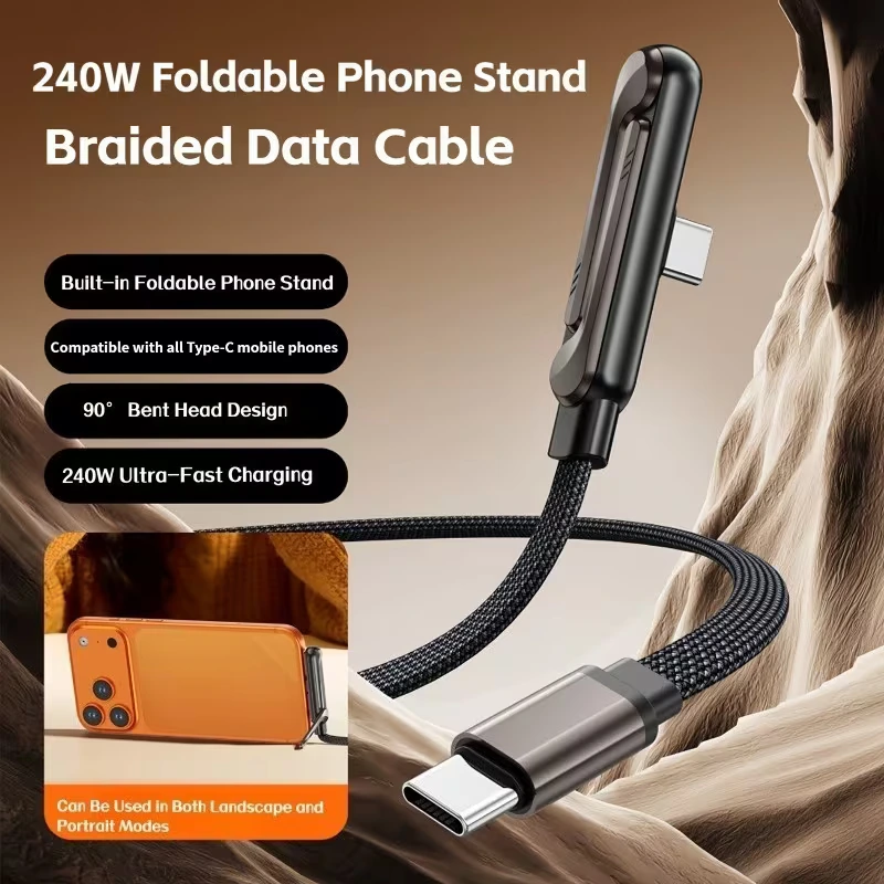 2en1 Câble de Charge Rapide 240W (1,5m) avec Support Pliable Intégré – Cordon Robuste pour Smartphones et Tablettes