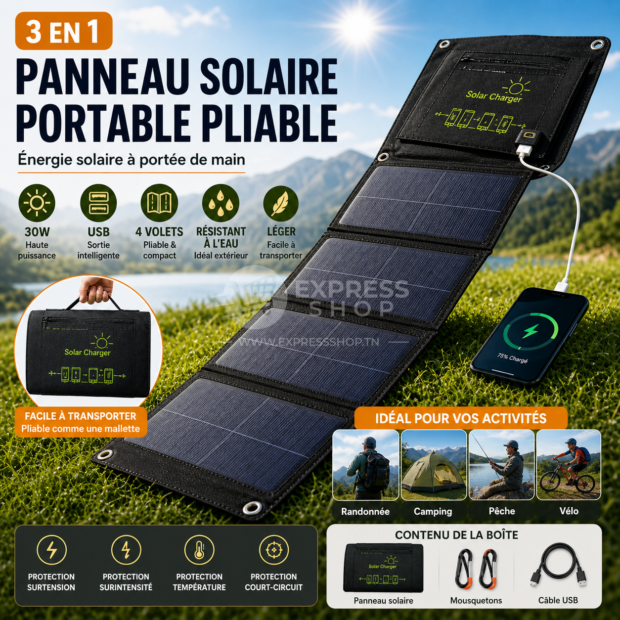 5en1 Panneau Solaire Portable Pliable 4 Volets avec USB – Chargeur Solaire Haute Puissance