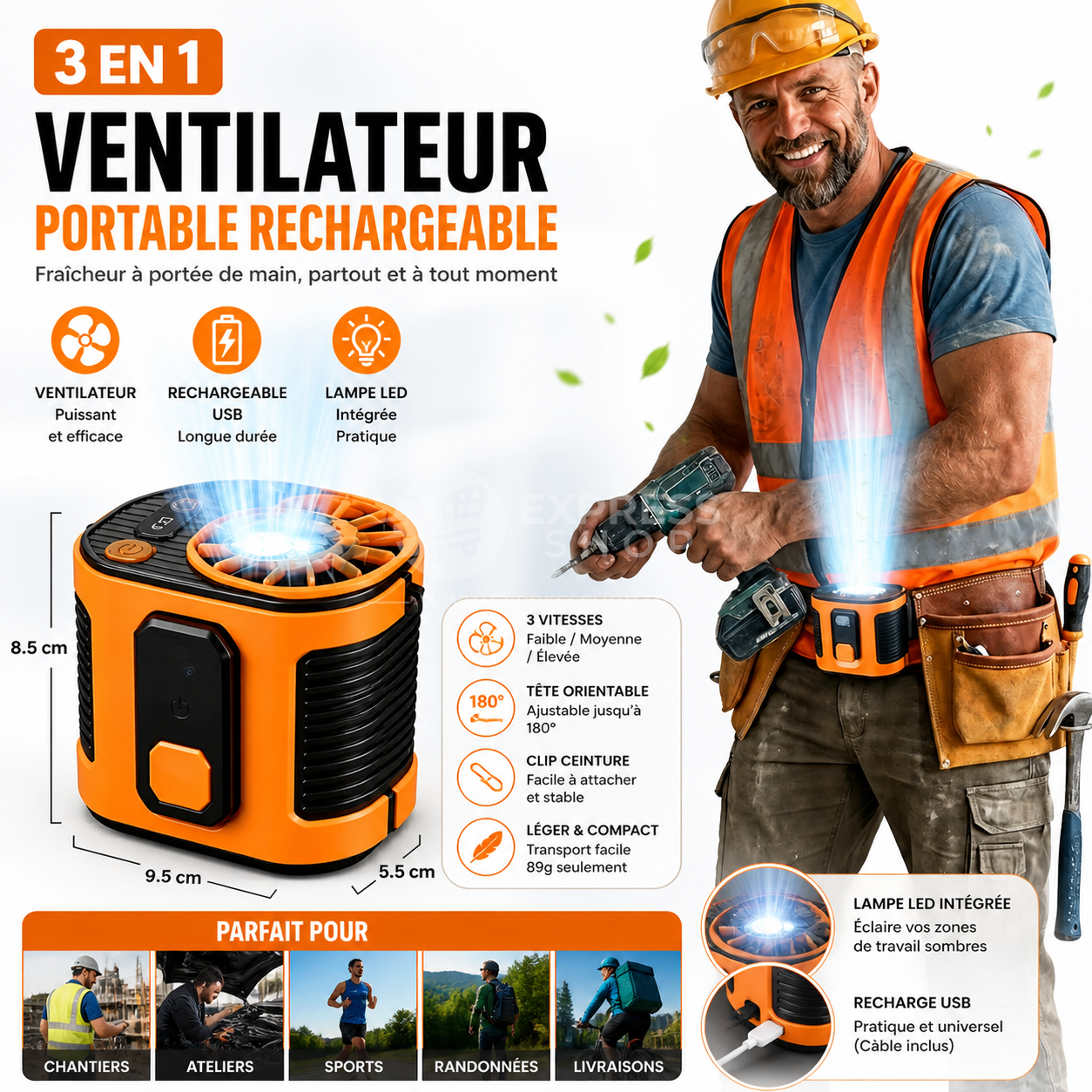 3en1 Ventilateur de taille portable rechargeable pour travailleurs et sportifs