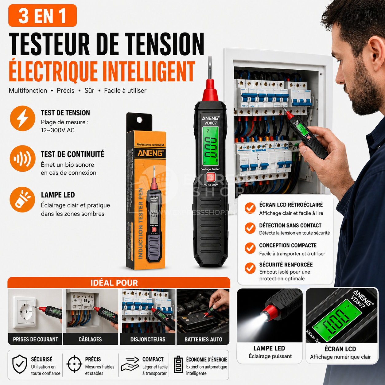 3en1 Testeur De Tension Électrique Intelligent Multifonction Avec Écran LCD