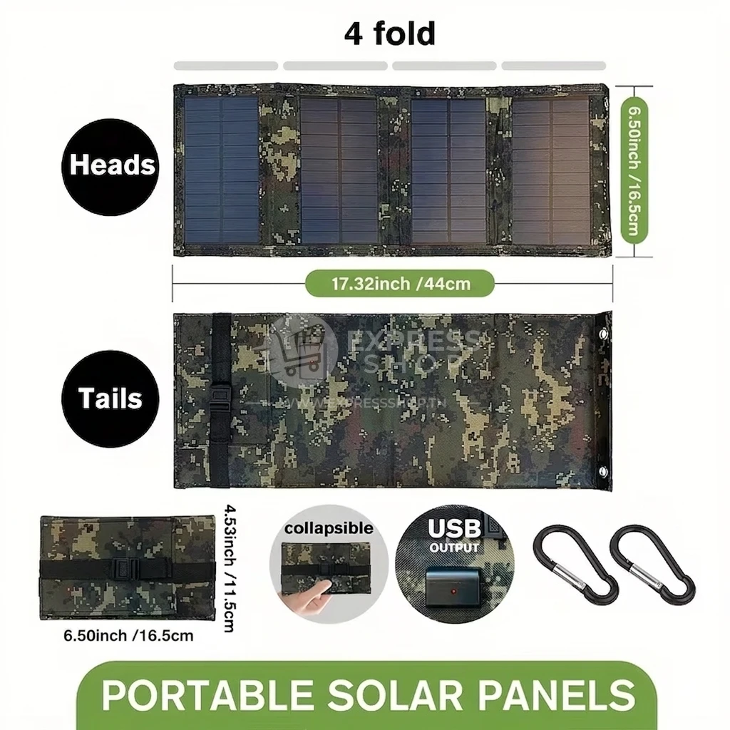 5en1 Panneau Solaire Portable Pliable 4 Volets avec USB – Chargeur Solaire Haute Puissance