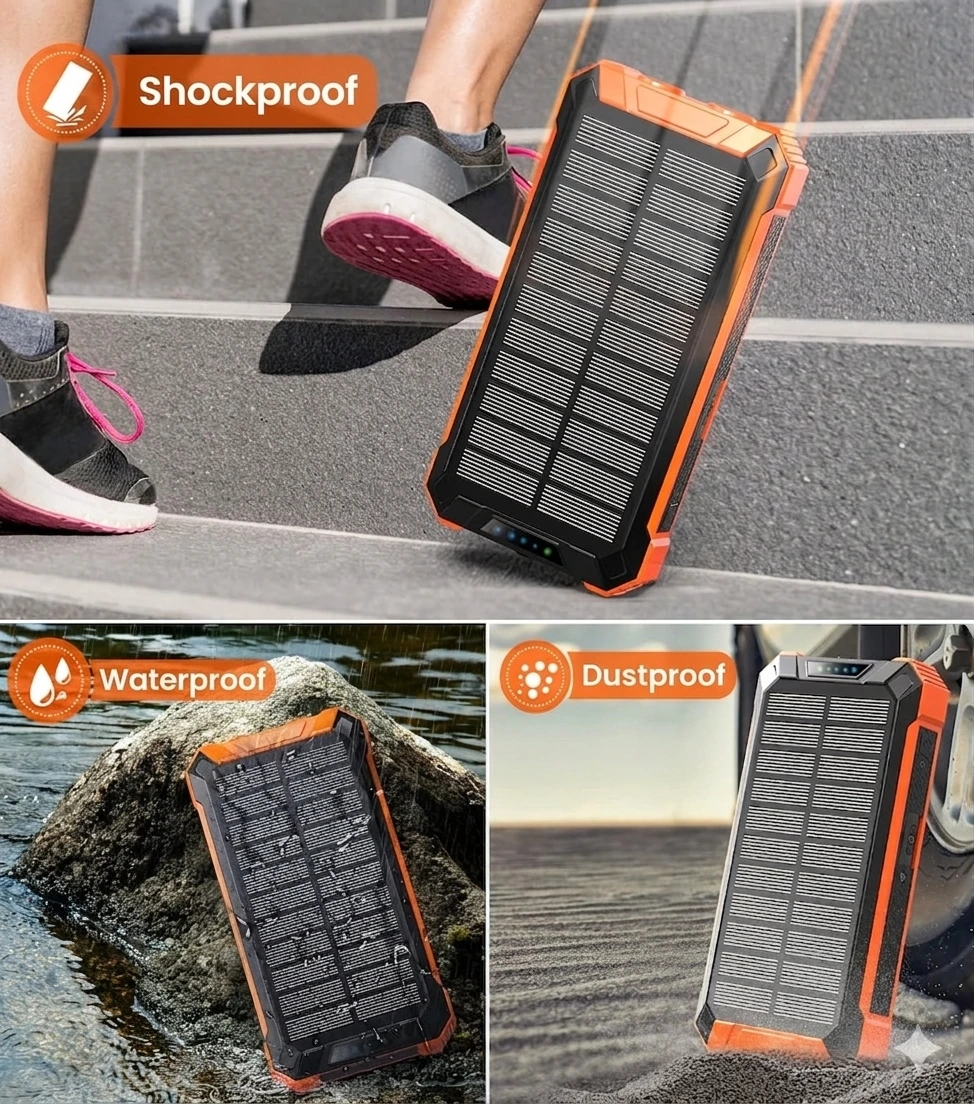 9en1 Power Bank Solaire 16000mAh Étanche Avec LED Ultra-Puissante