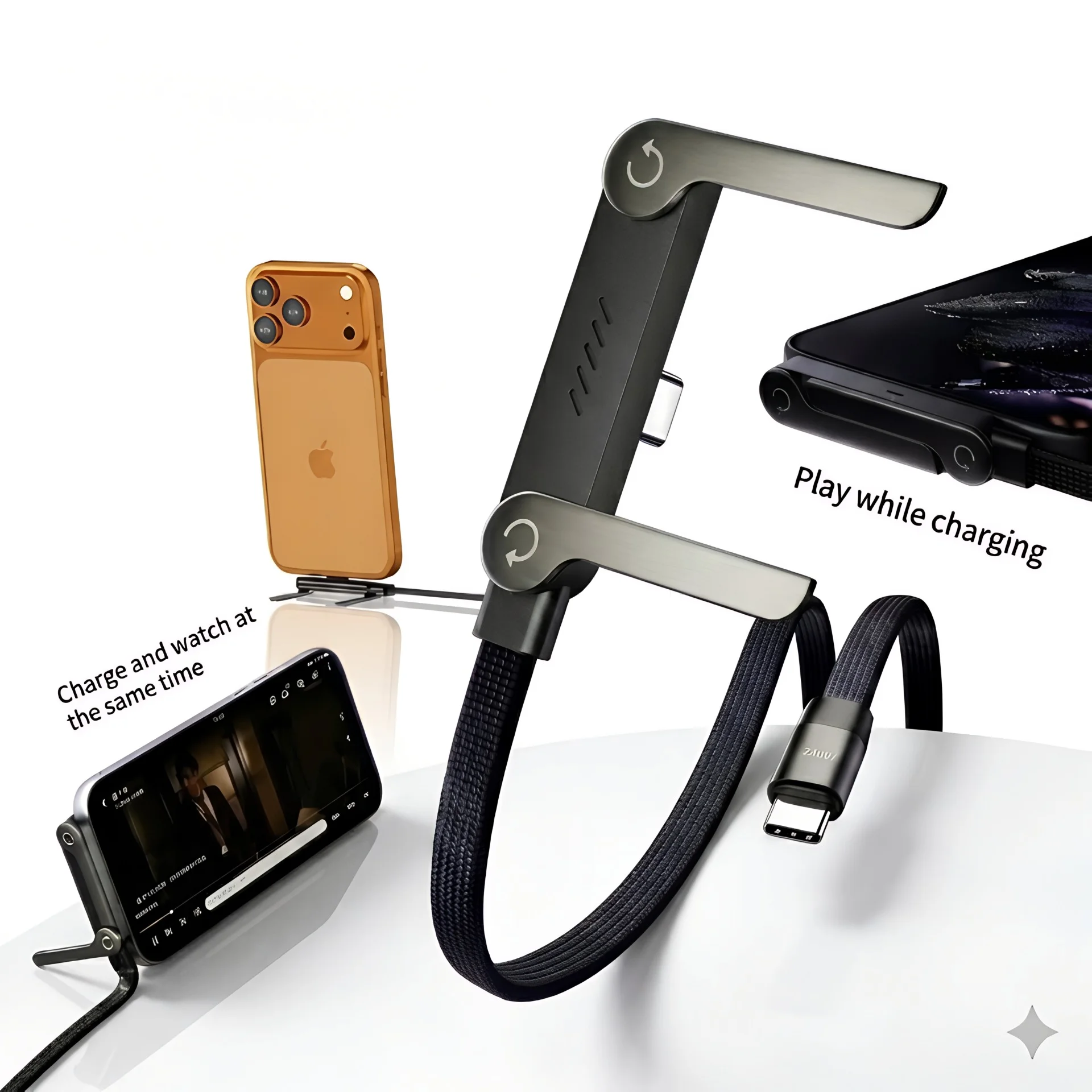 2en1 Câble de Charge Rapide 240W (1,5m) avec Support Pliable Intégré – Cordon Robuste pour Smartphones et Tablettes