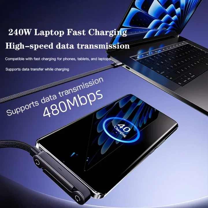 2en1 Câble de Charge Rapide 240W (1,5m) avec Support Pliable Intégré – Cordon Robuste pour Smartphones et Tablettes
