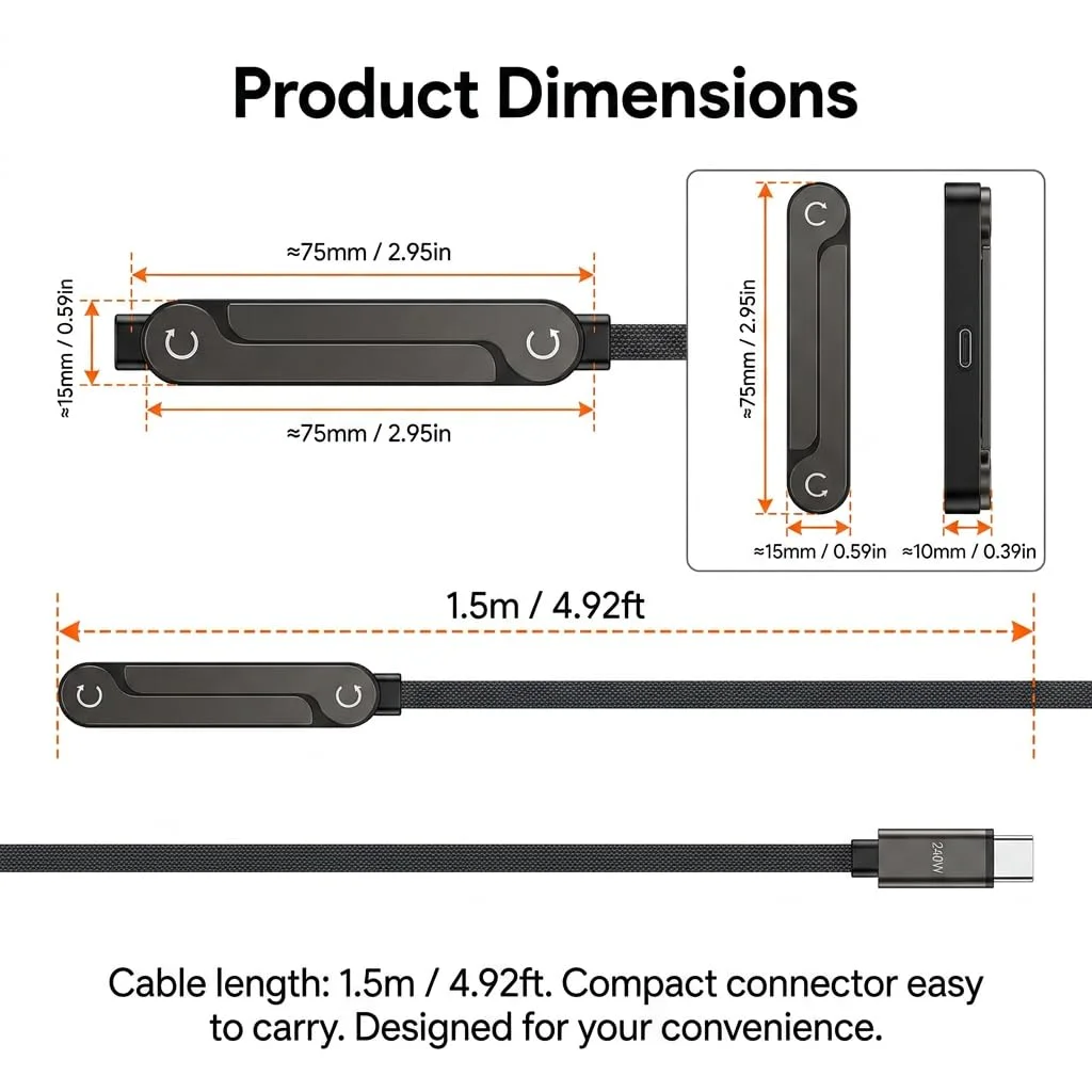 2en1 Câble de Charge Rapide 240W (1,5m) avec Support Pliable Intégré – Cordon Robuste pour Smartphones et Tablettes