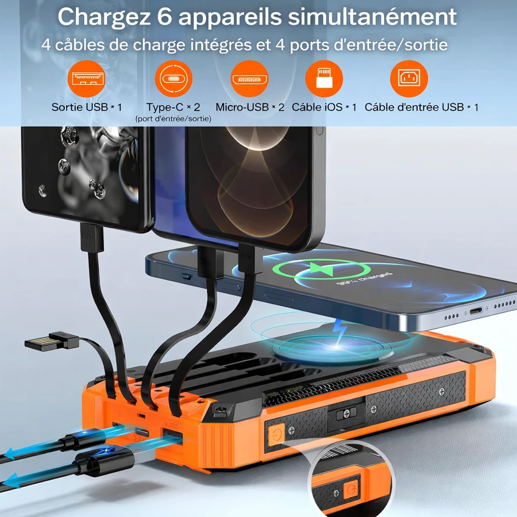 9en1 Power Bank Solaire 16000mAh Étanche Avec LED Ultra-Puissante