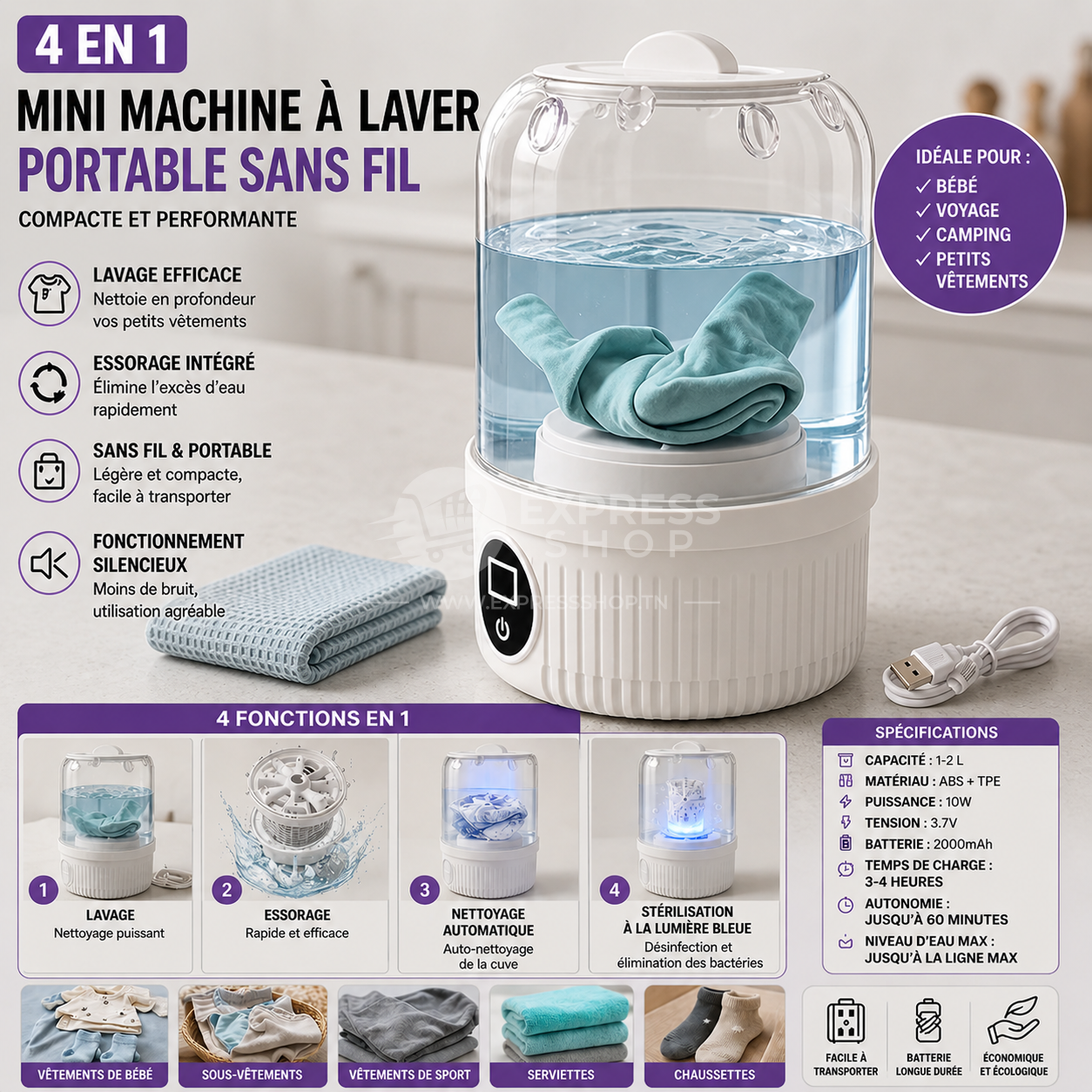 4en1 Mini Machine à Laver Portable Sans Fil rechargeable – Compacte et Performante