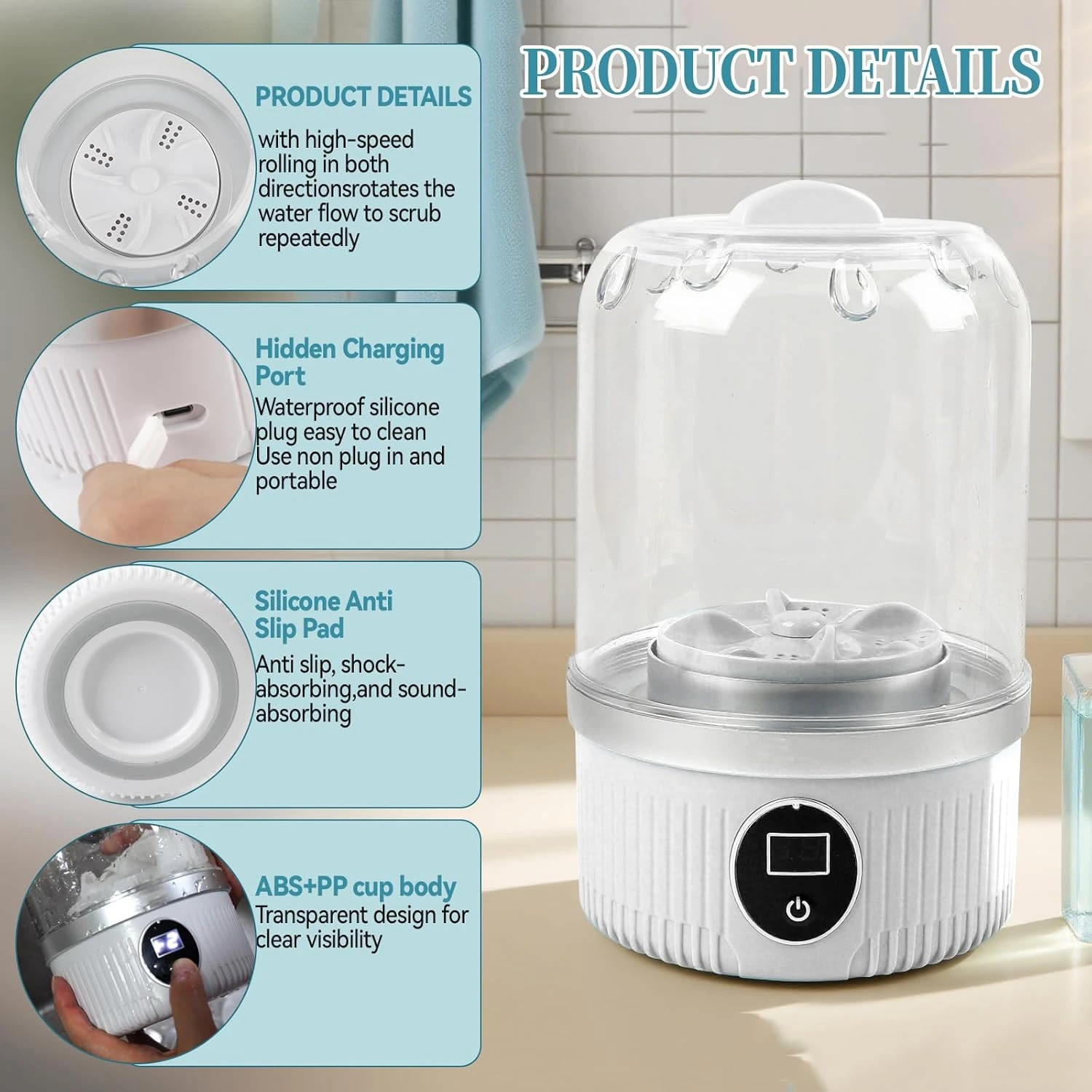 4en1 Mini Machine à Laver Portable Sans Fil rechargeable – Compacte et Performante