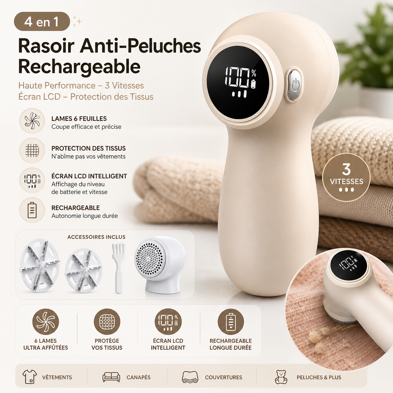 4en1 Rasoir Anti-Peluches Rechargeable Haute Performance - 3 Vitesses & Écran LCD, Protection des Tissus