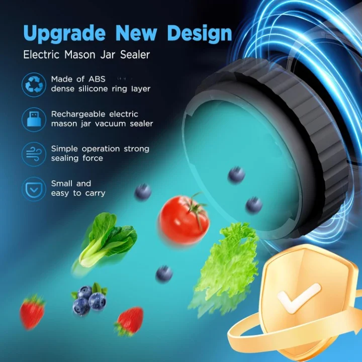 Scelleuse sous vide électrique rechargeable 5en1 avec 10 couvercles réutilisables en inox – Compatible avec tous les bocaux, avec stérilisation
