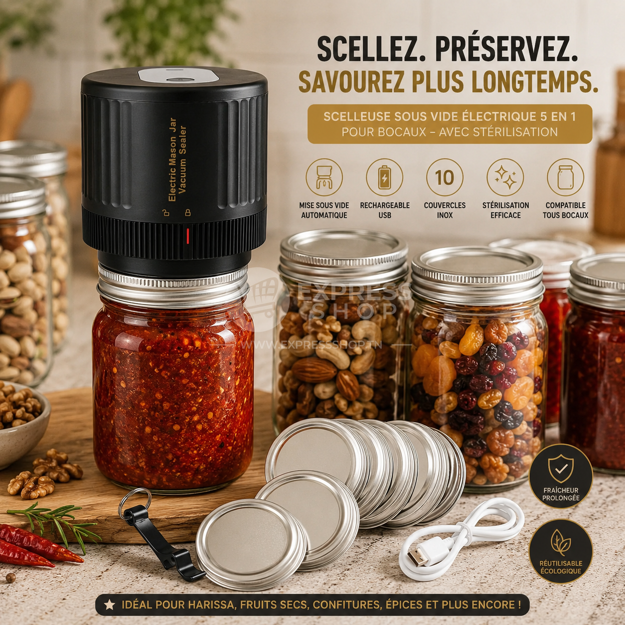 Scelleuse sous vide électrique rechargeable 5en1 avec 10 couvercles réutilisables en inox – Compatible avec tous les bocaux, avec stérilisation