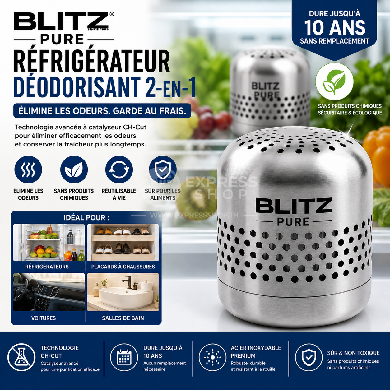Blitz® -  2en1 Désodorisant Réfrigérateur Longue Durée – Éliminateur d’Odeurs Puissant Multi-Usages