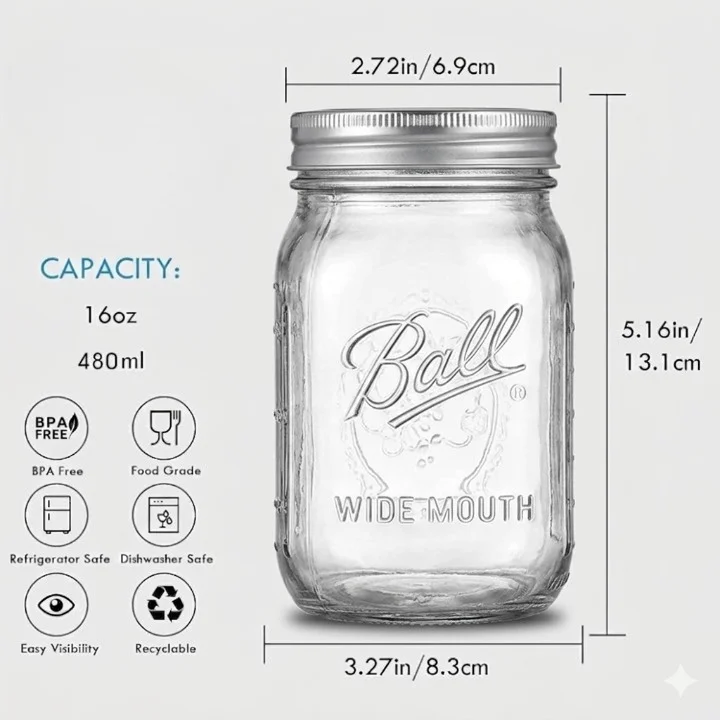 12 Boîtes De Stockage Mason Jar En Verre Hermétique 480 ml Multifonction Haute Qualité