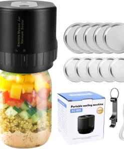 Scelleuse sous vide électrique rechargeable 5en1 avec 10 couvercles réutilisables en inox – Compatible avec tous les bocaux, avec stérilisation