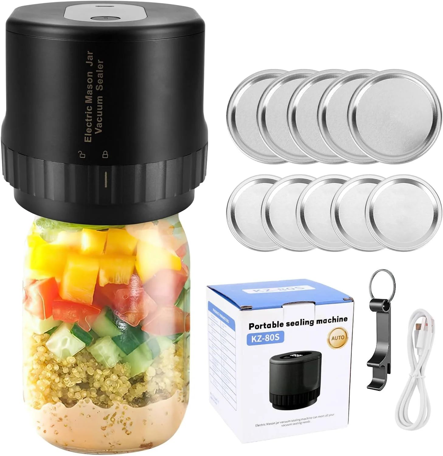 Scelleuse sous vide électrique rechargeable 5en1 avec 10 couvercles réutilisables en inox – Compatible avec tous les bocaux, avec stérilisation