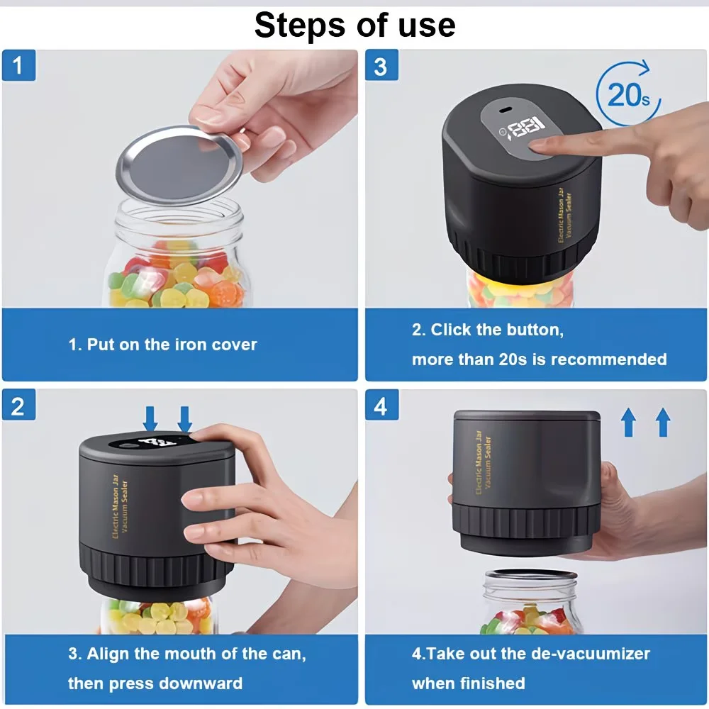 Scelleuse sous vide électrique rechargeable 5en1 avec 10 couvercles réutilisables en inox – Compatible avec tous les bocaux, avec stérilisation