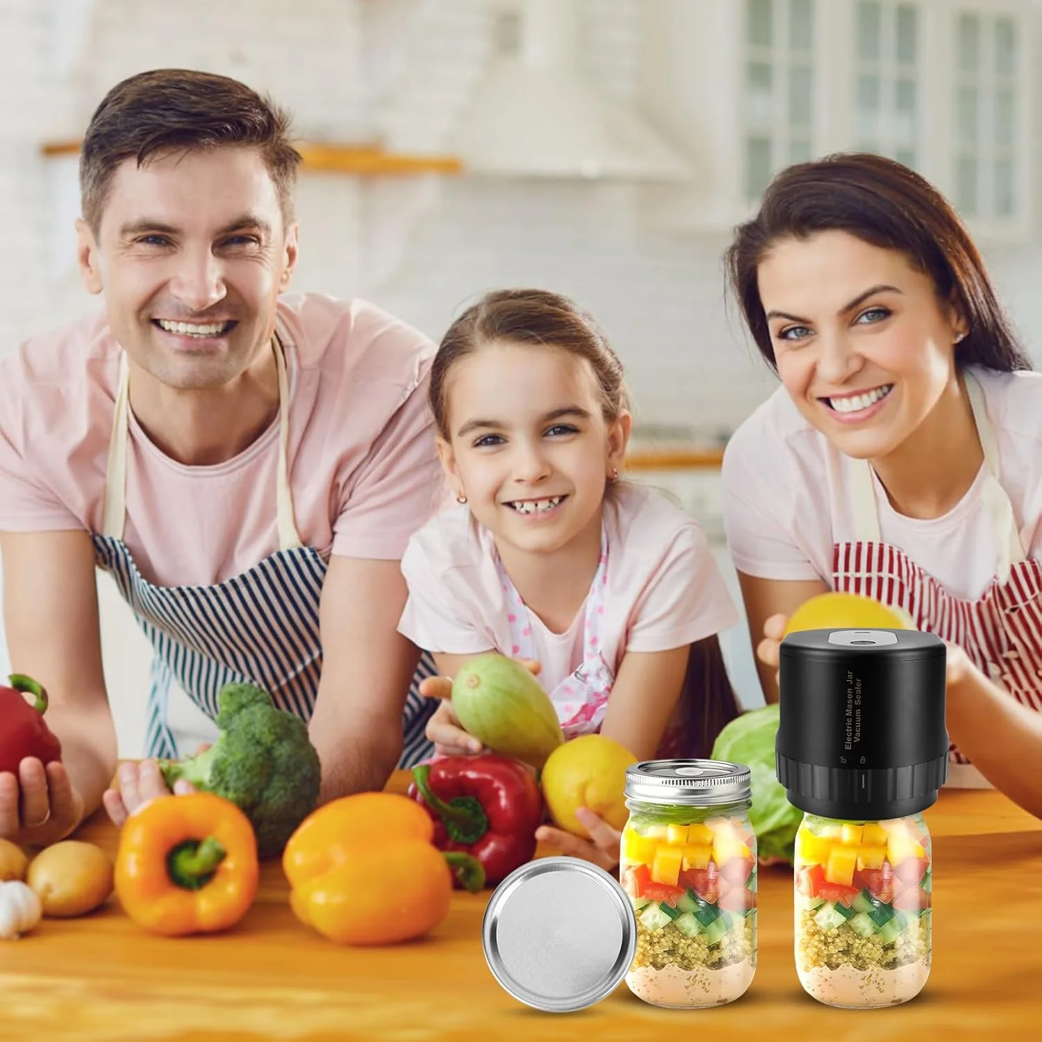 Scelleuse sous vide électrique rechargeable 5en1 avec 10 couvercles réutilisables en inox – Compatible avec tous les bocaux, avec stérilisation