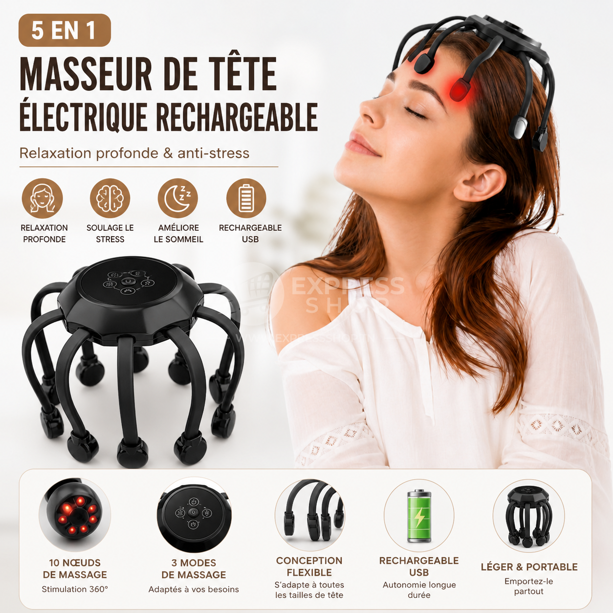 5en1 Masseur de tête  Rechargeable pour soulager les migraines