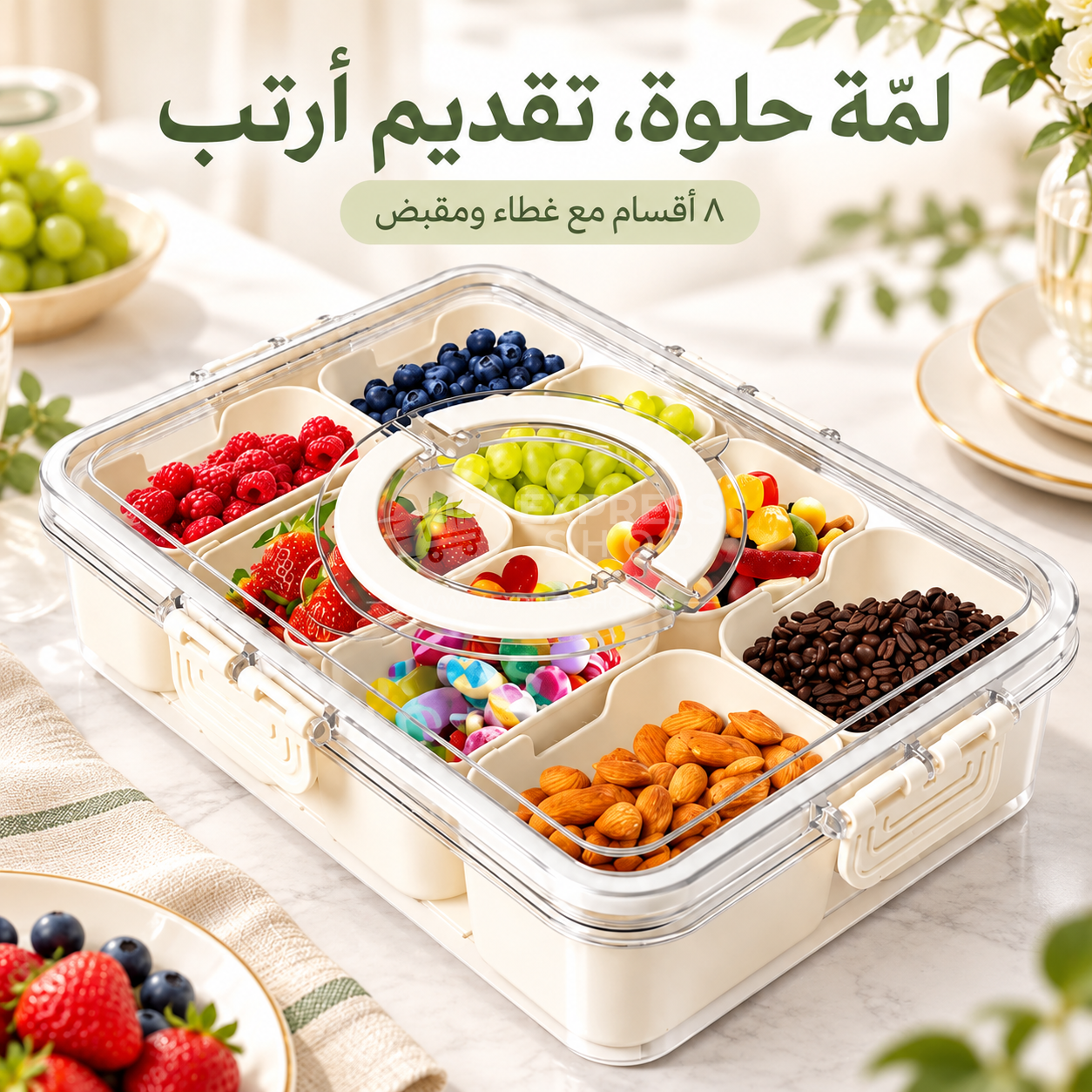 8en1 Plateau de Service à 8 Compartiments avec Couvercle – Boîte Multifonction pour Snacks, Fruits et Apéritifs